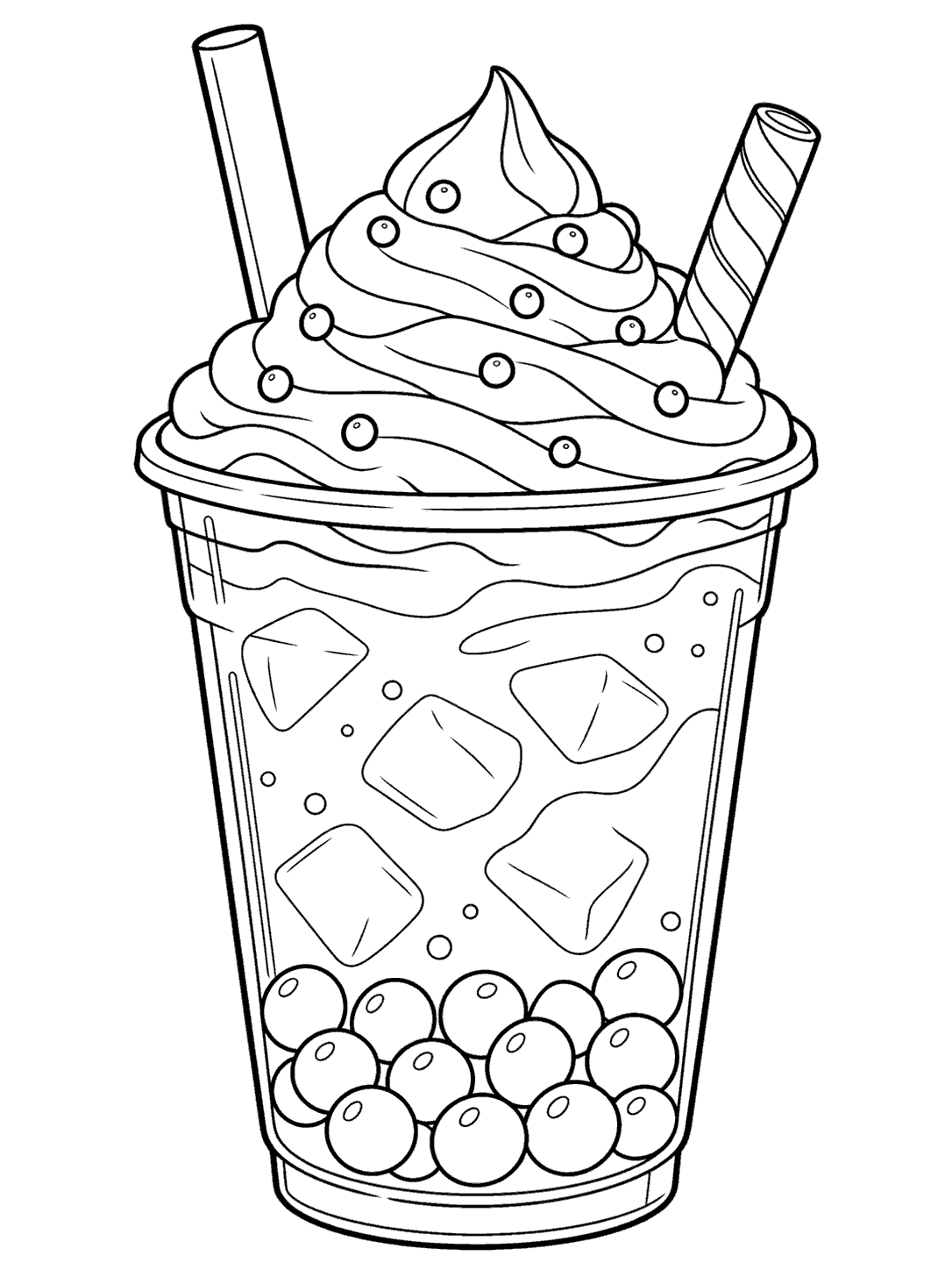 Black-and-white boba tea coloring page with whipped cream, wafer stick, ice, and pearls