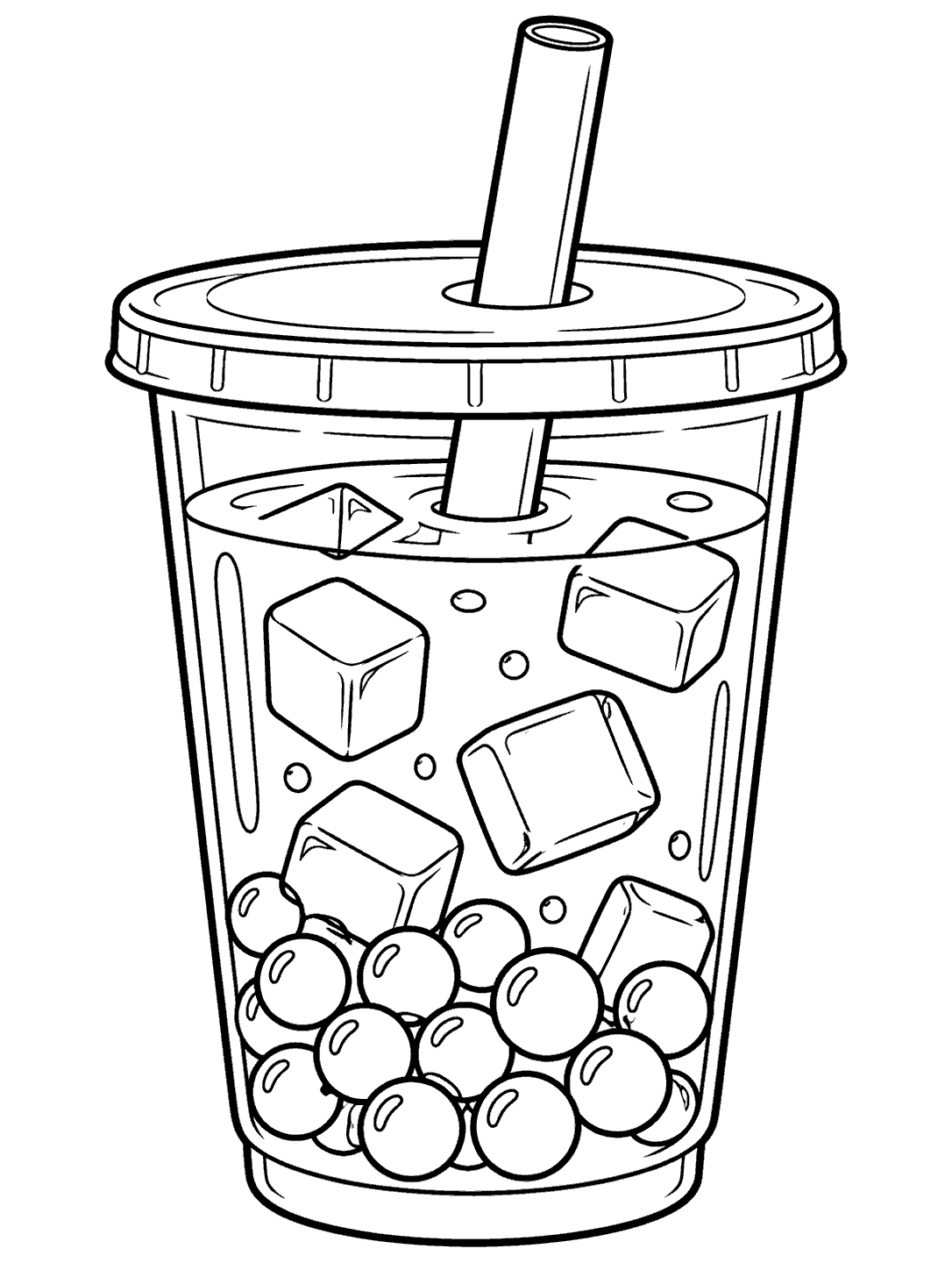 Black-and-white boba tea coloring page with a wide straw, flat lid, jelly cubes, and tapioca pearls