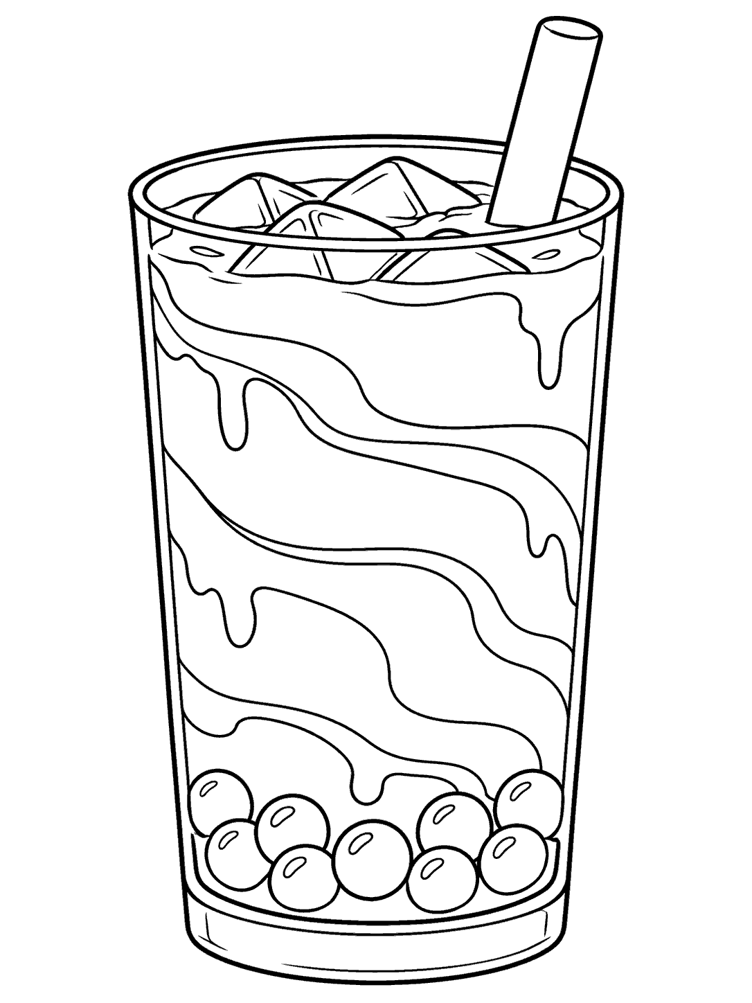 Boba tea coloring page with syrup ribbons, tapioca pearls, and a straw