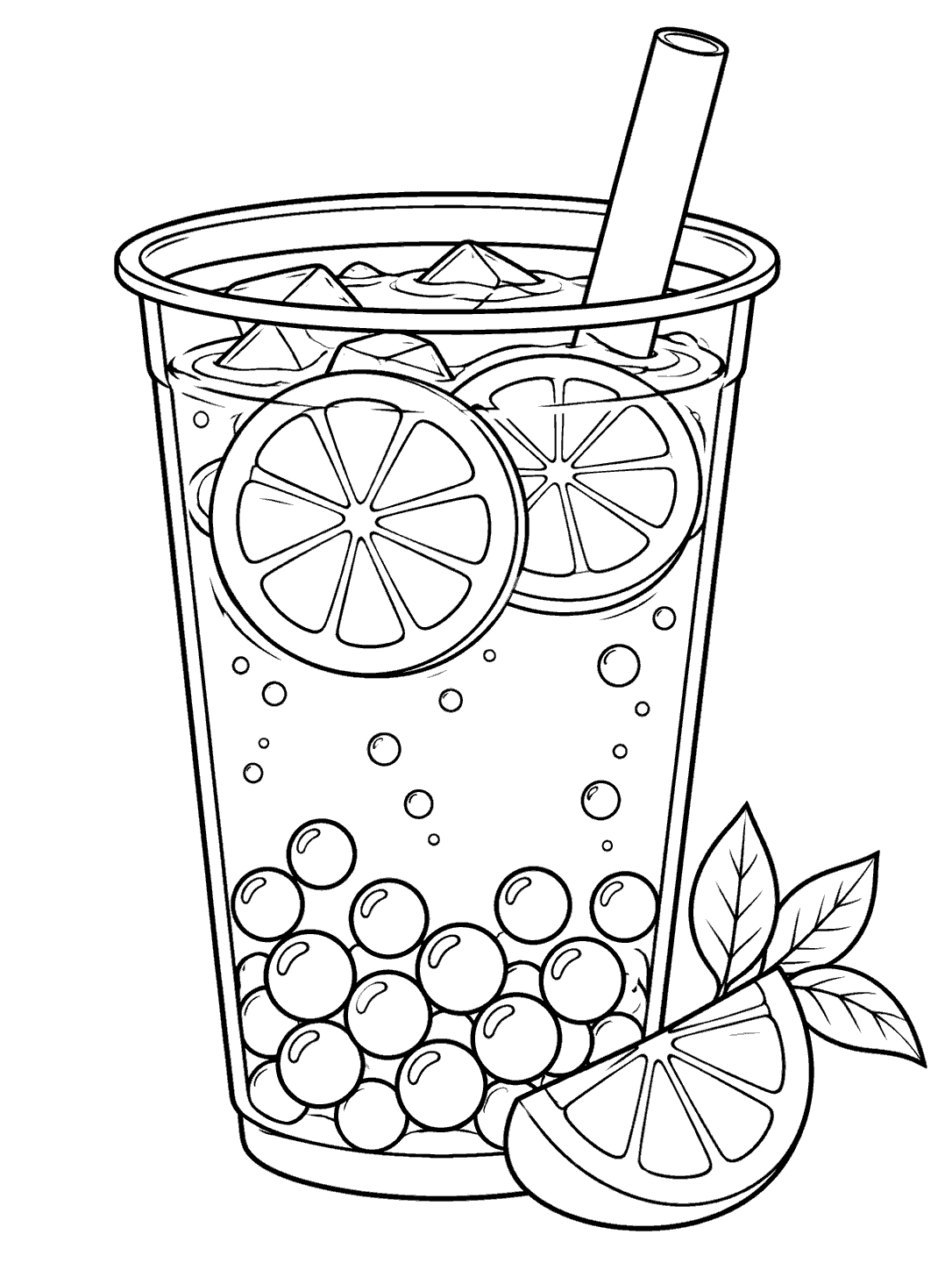 Lemon boba tea with citrus garnish coloring page