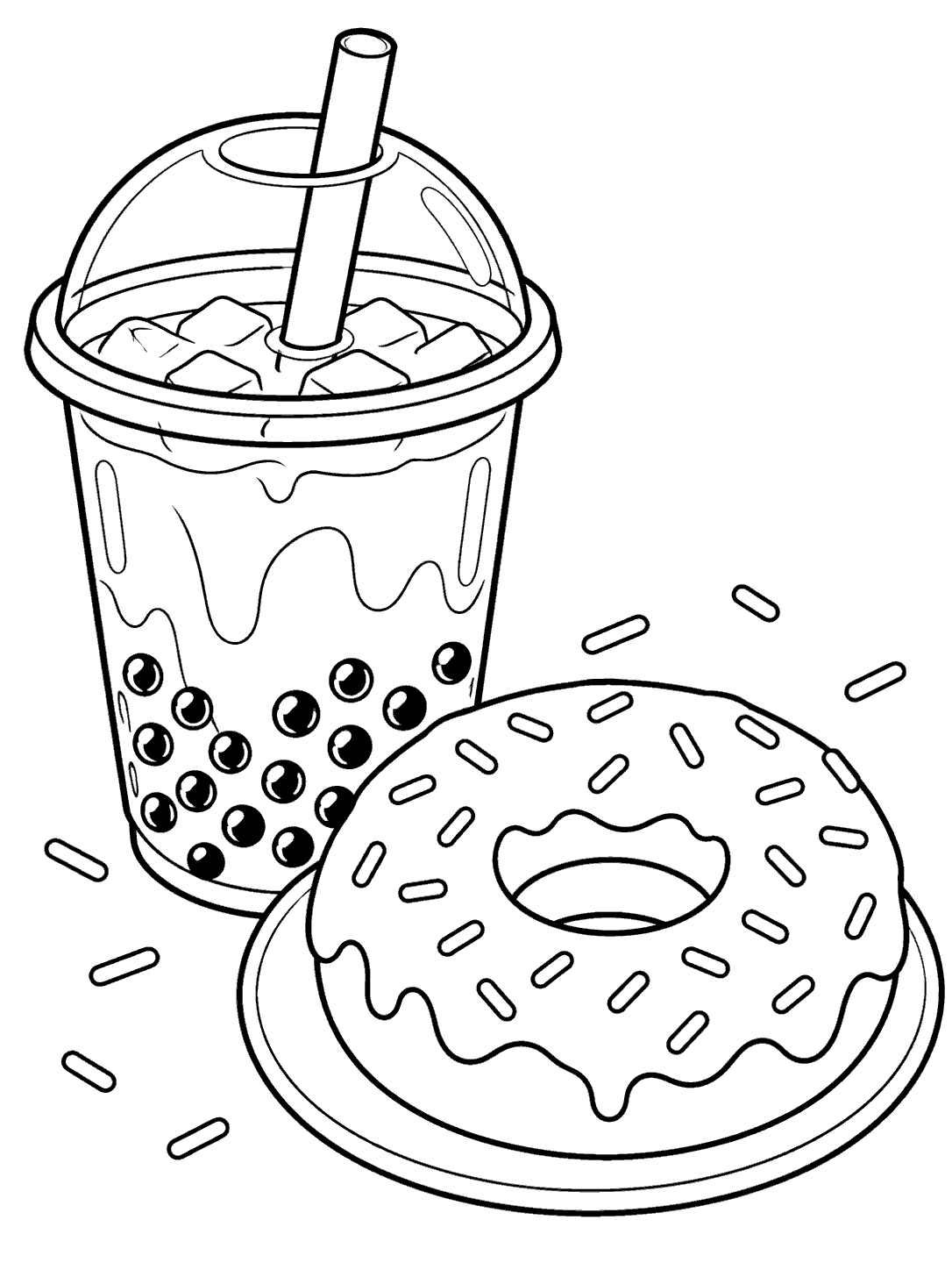 Black-outline coloring page showing a boba tea cup with straw and visible pearls beside a large iced ring donut on a plate, with open-outline sprinkles.