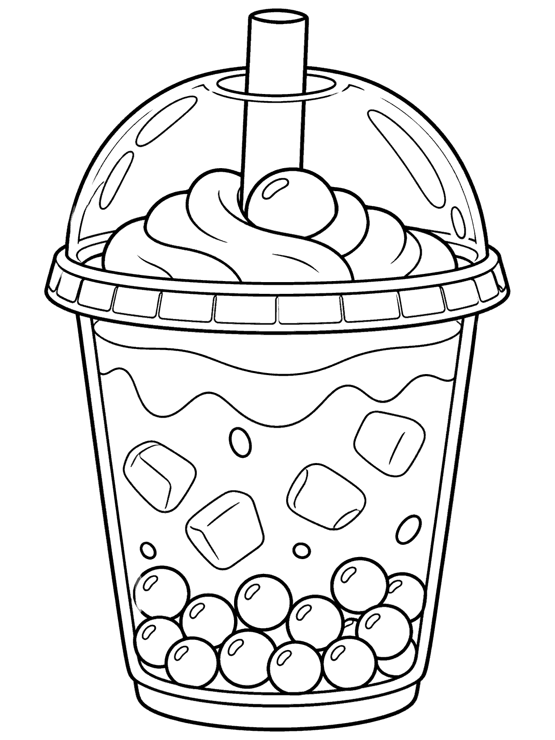 Black-and-white boba tea cup coloring page with a wide straw, clear dome lid, round topping, ice cubes, and pearls.
