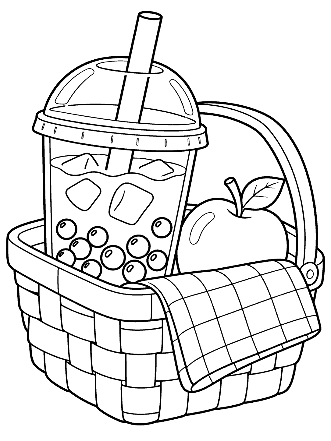 Boba tea cup with visible pearls, apple, and checked napkin in a picnic basket coloring page
