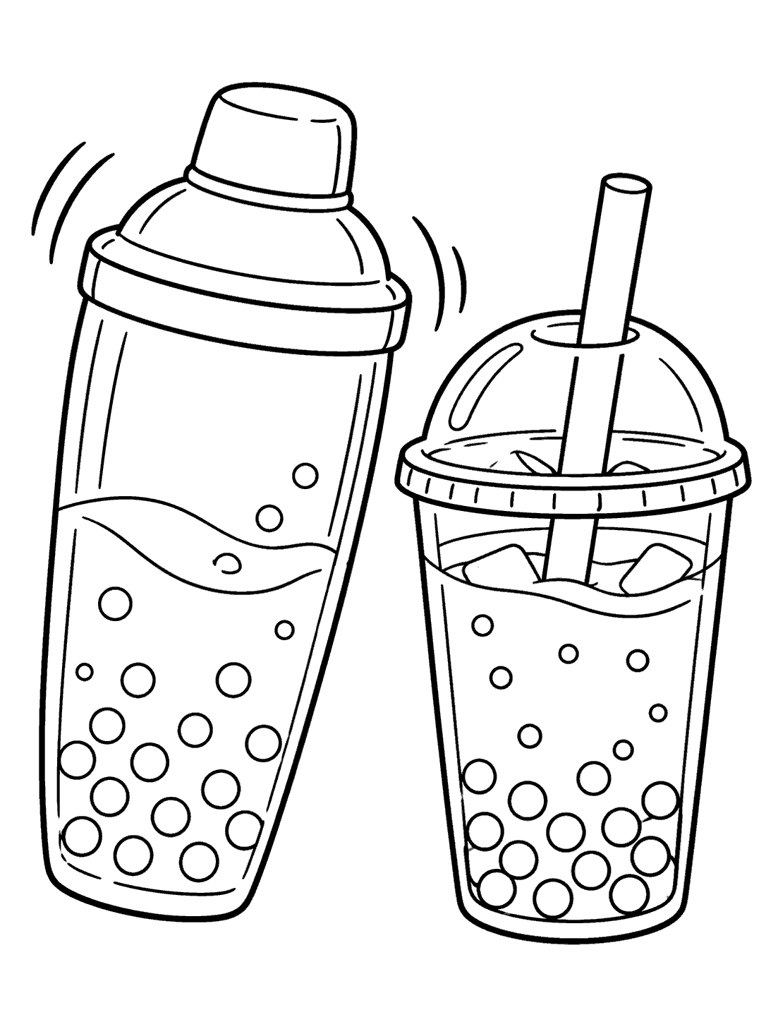 Black-line coloring page with a tall lidded boba shaker beside a clear pearl tea cup with a straw.