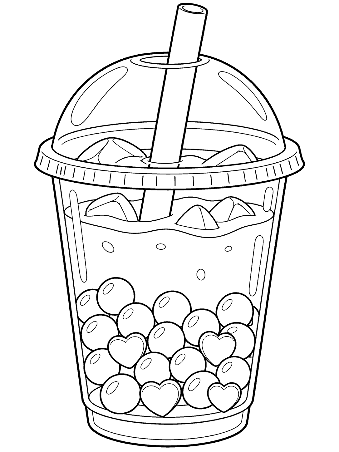 A large outlined boba tea cup with a straw, round tapioca pearls, and four heart-shaped pearls near the front.