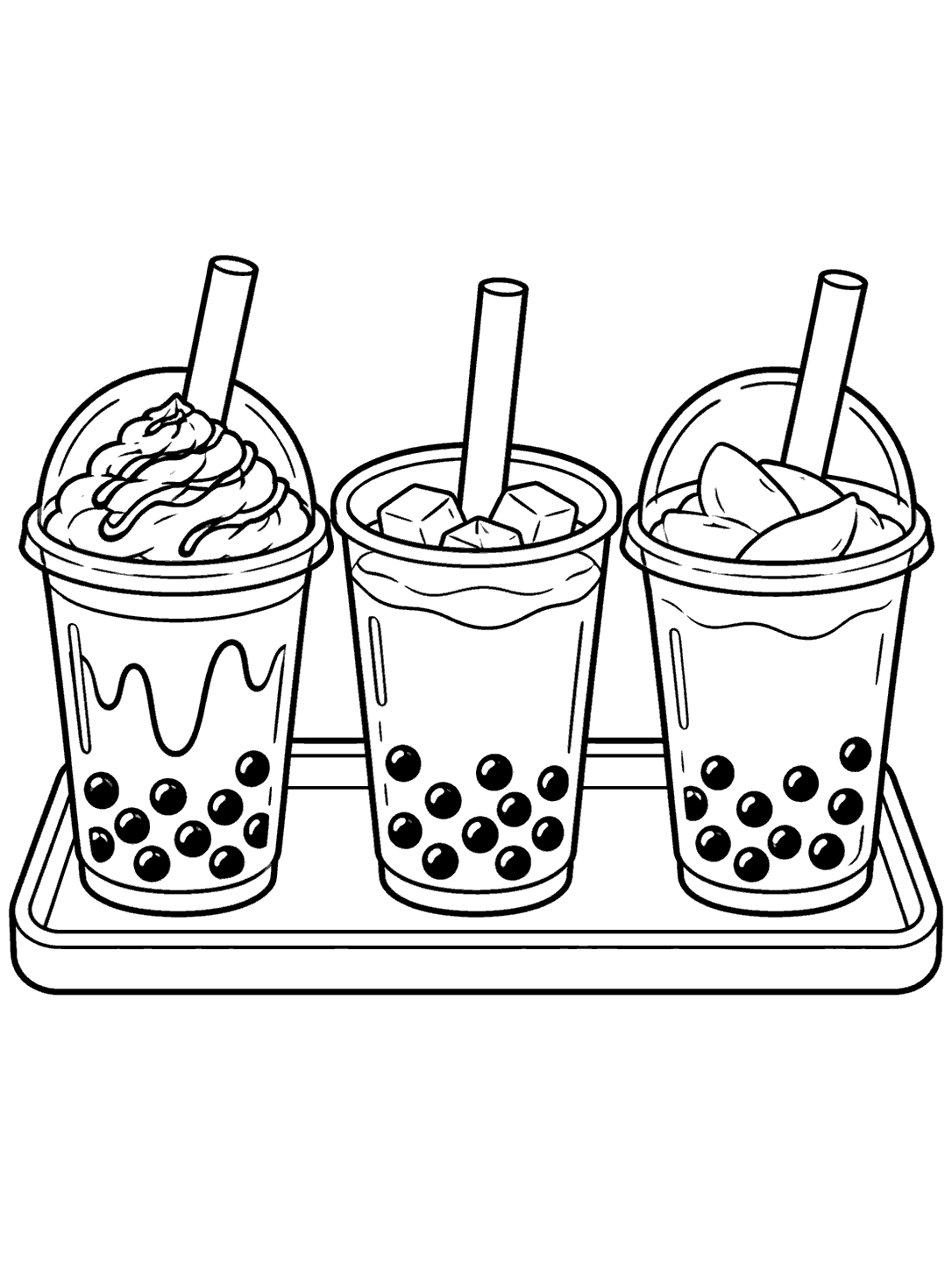 Three boba tea cups with straws and visible pearls on a tray, drawn as a coloring page.