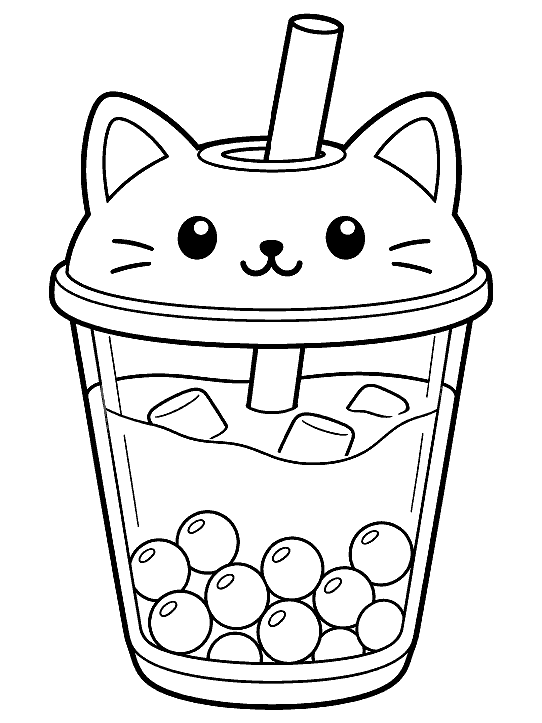 Black-and-white coloring page of a cat-shaped boba tea cup with a straw and tapioca pearls.