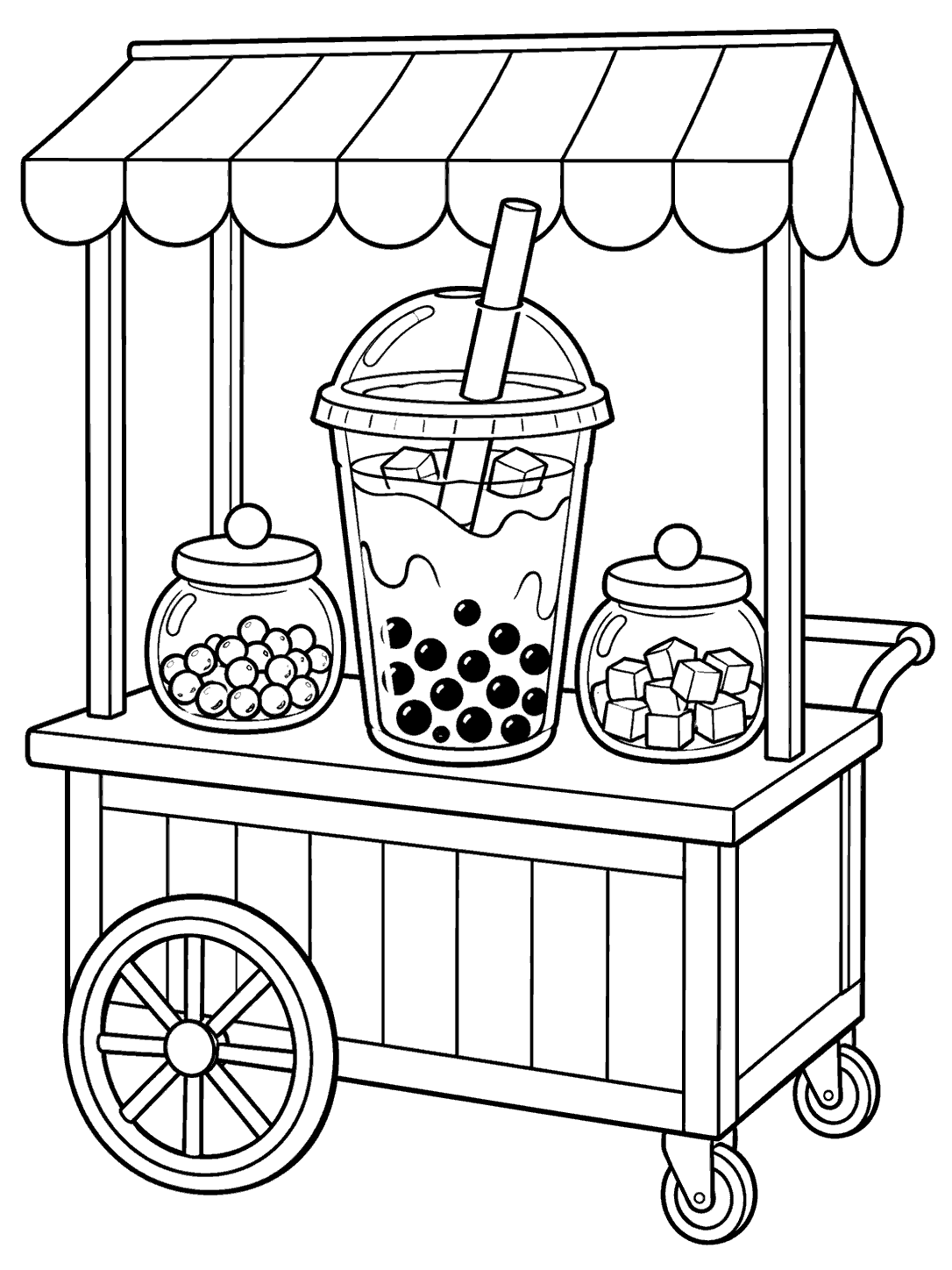 Boba tea cart with a large cup and two topping jars coloring page
