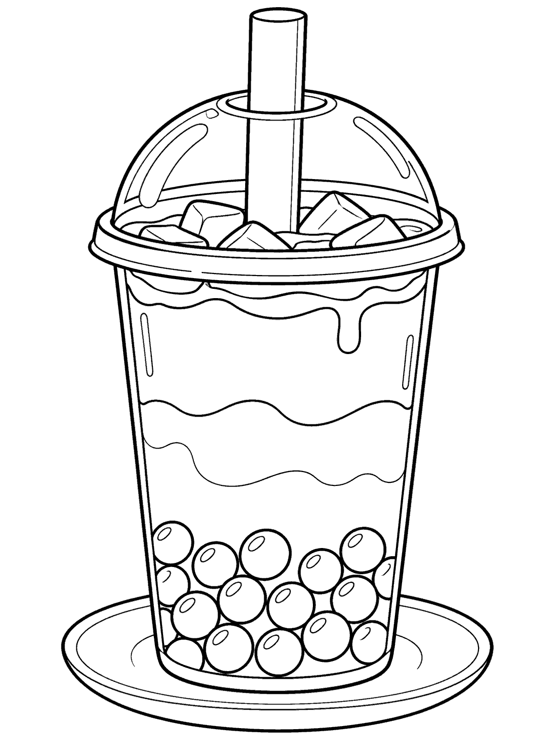 Black line art of a layered boba tea cup with a wide straw, tapioca pearls, and saucer.