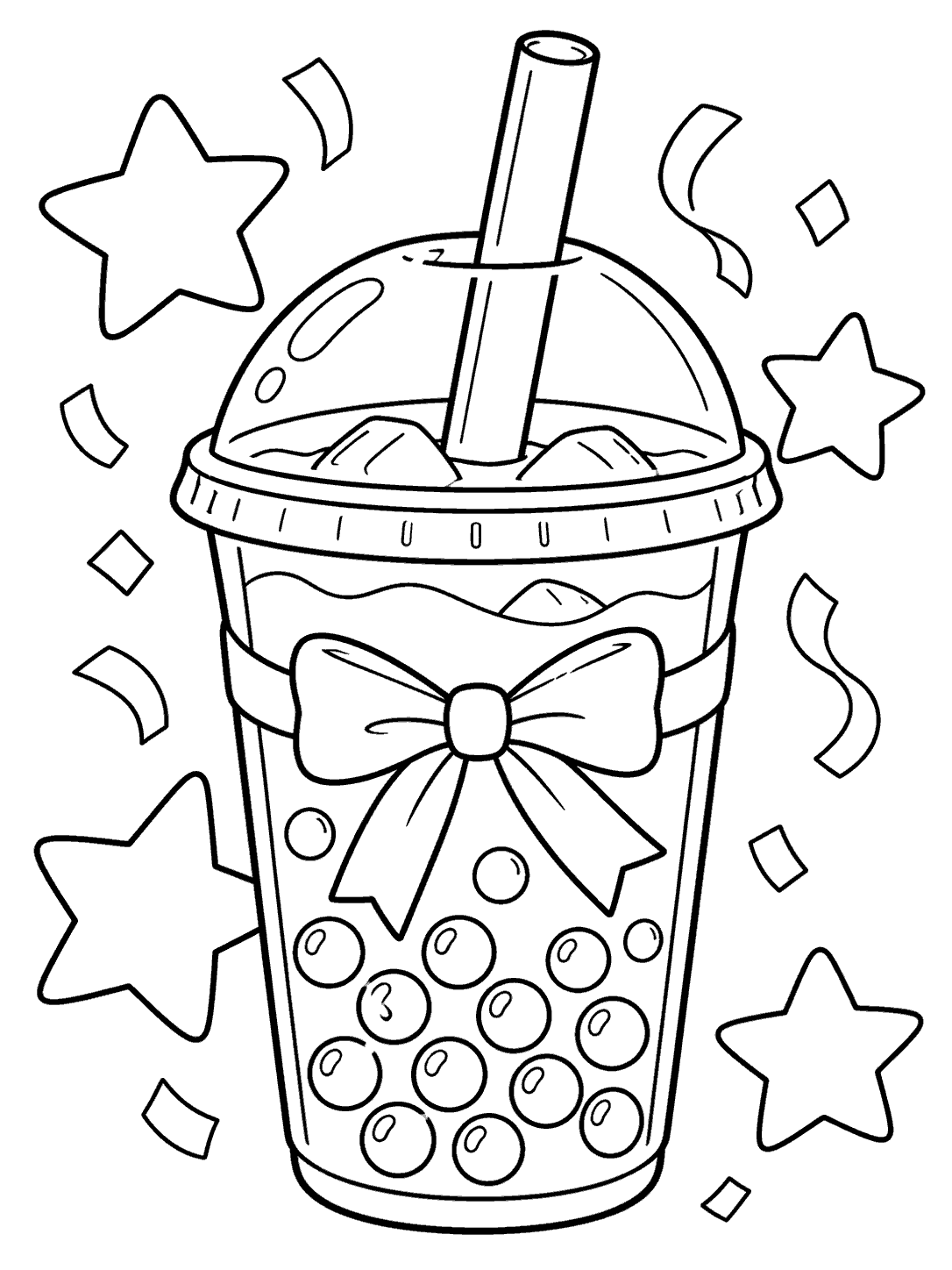 Portrait boba tea coloring page featuring a large pearl-filled cup, straw, ribbon bow, stars, and confetti