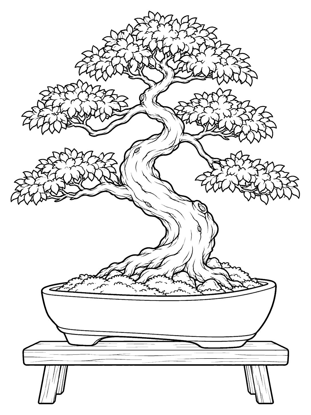 Detailed bonsai in a ceramic pot on a wooden stand coloring page