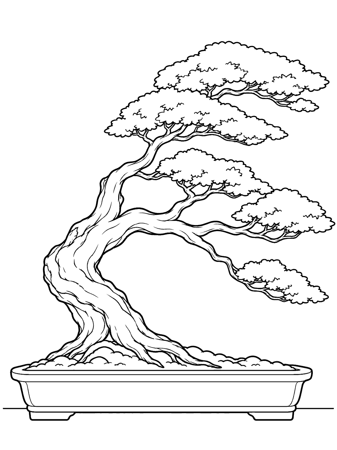 Black ink coloring page of a windswept bonsai leaning over a long rectangular planter.