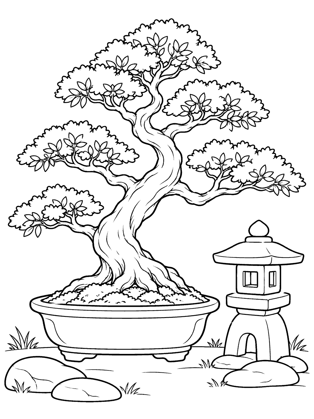 Printable black-and-white coloring page showing a broad-canopied potted bonsai beside a small stone lantern, with a ground line and scattered stones.