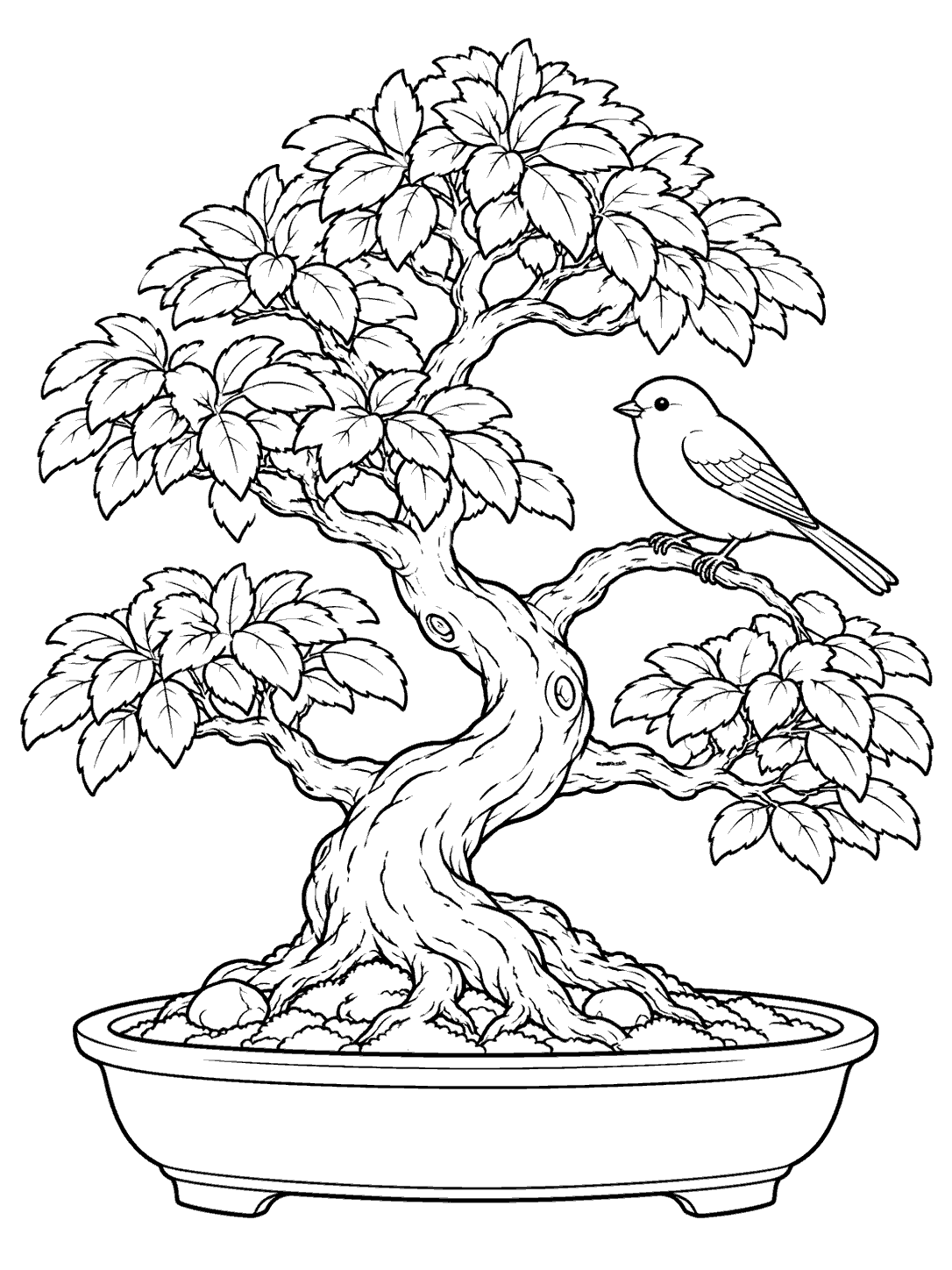 Black and white bonsai coloring page with one songbird perched among leafy branches above a shallow pot.