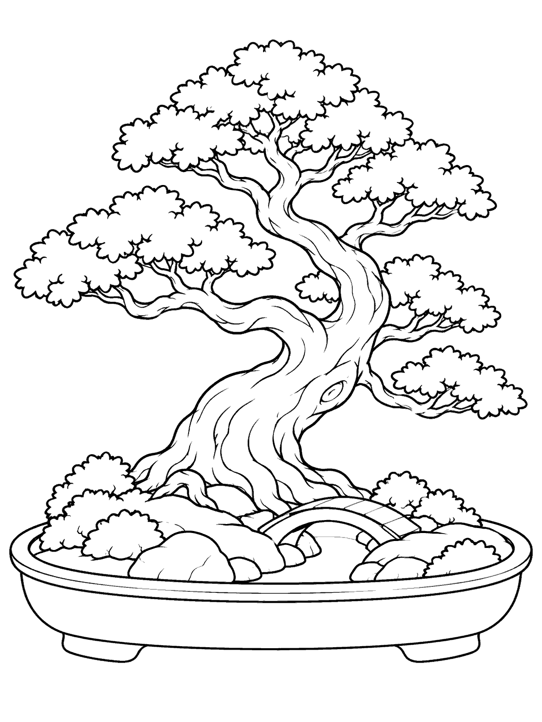 Bonsai tree and small arched garden bridge in a shallow tray coloring page