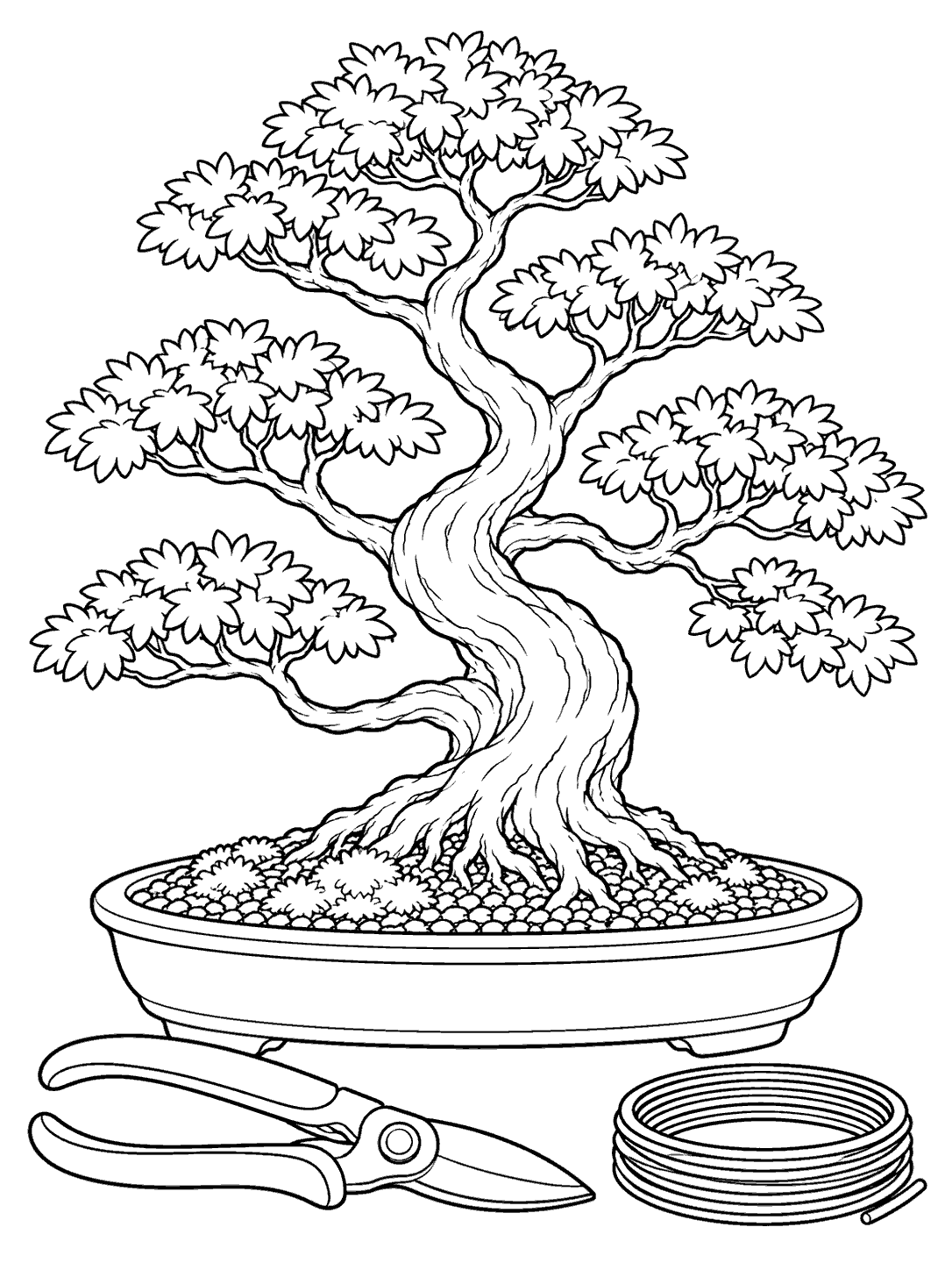 Detailed bonsai in a shallow pot with closed pruning shears and coiled training wire, outlined as a coloring page.