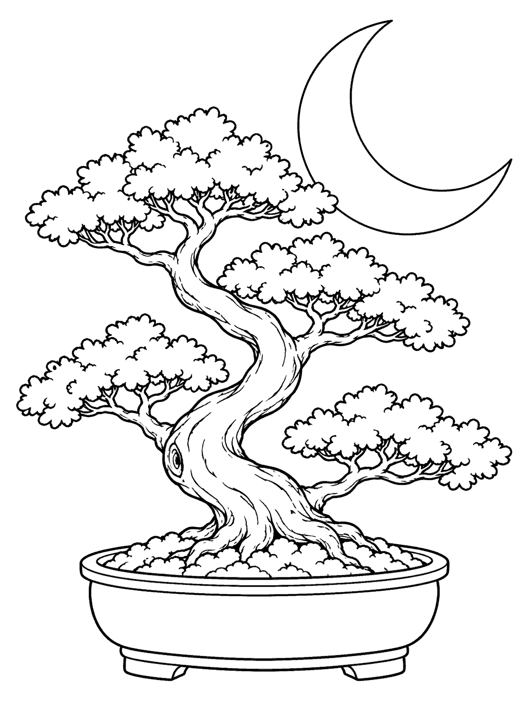 Black-and-white bonsai coloring page with broad foliage pads, a round pot, and a crescent moon