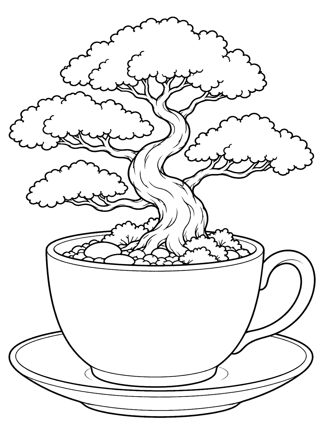 Miniature bonsai growing in a plain handled teacup on a saucer, printable coloring page