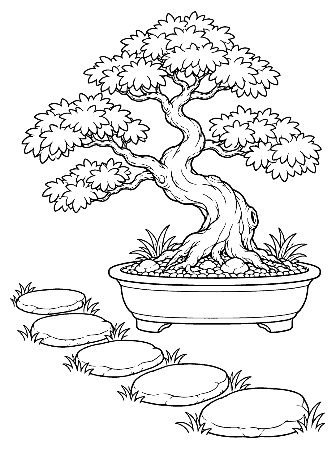 Black-and-white bonsai coloring page with a potted tree and five stepping stones