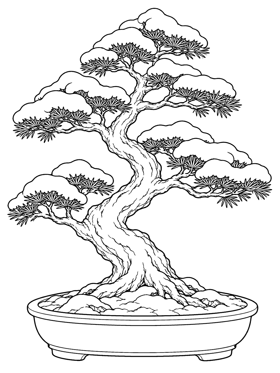 Winter bonsai with outlined snow caps on broad branch tiers in a shallow pot, drawn as black-and-white coloring page line art.