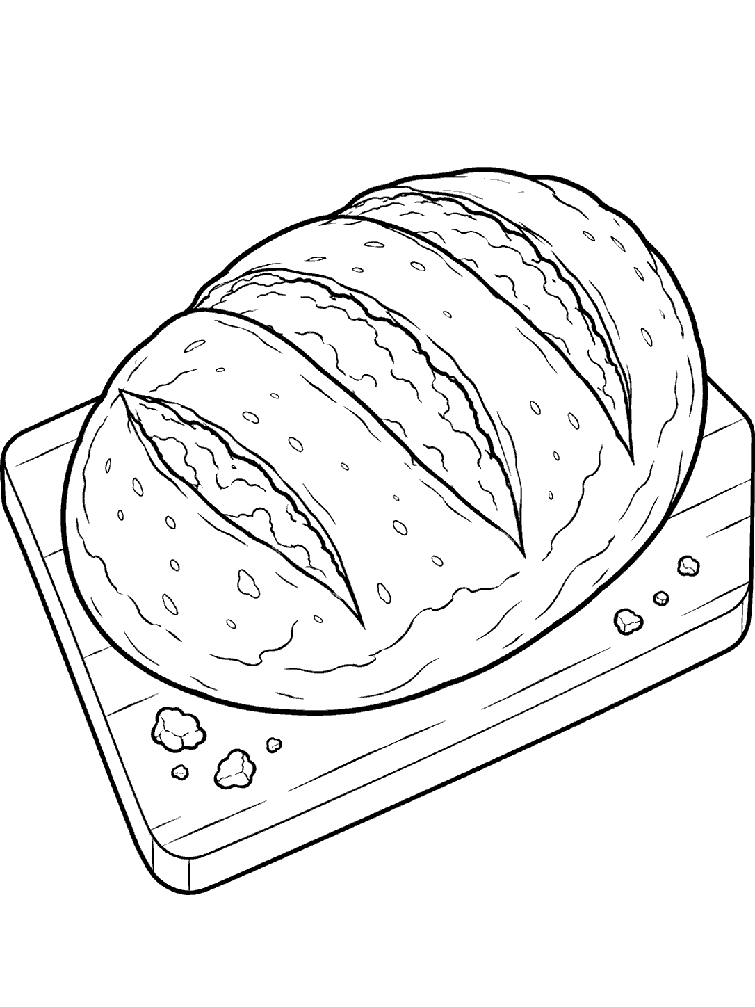 Bold black line art of a large oval artisan loaf with three diagonal scores on a rectangular board, with a few crumbs.