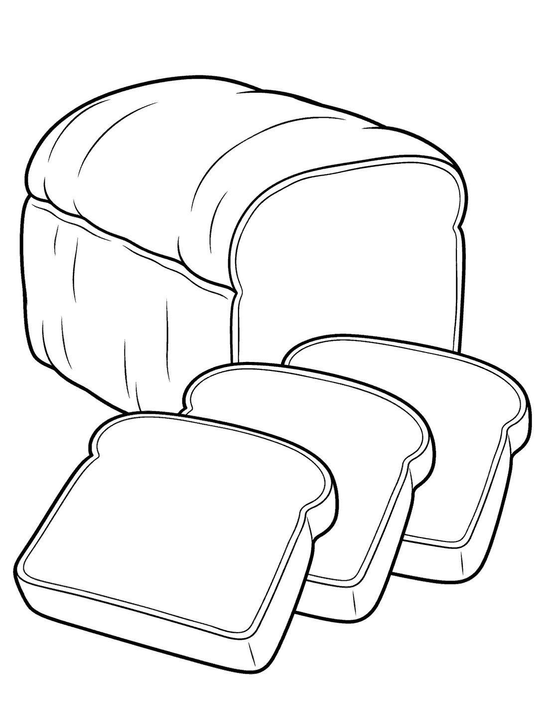 A whole sandwich bread loaf sits behind three overlapping slices, drawn in clean black outlines on white.