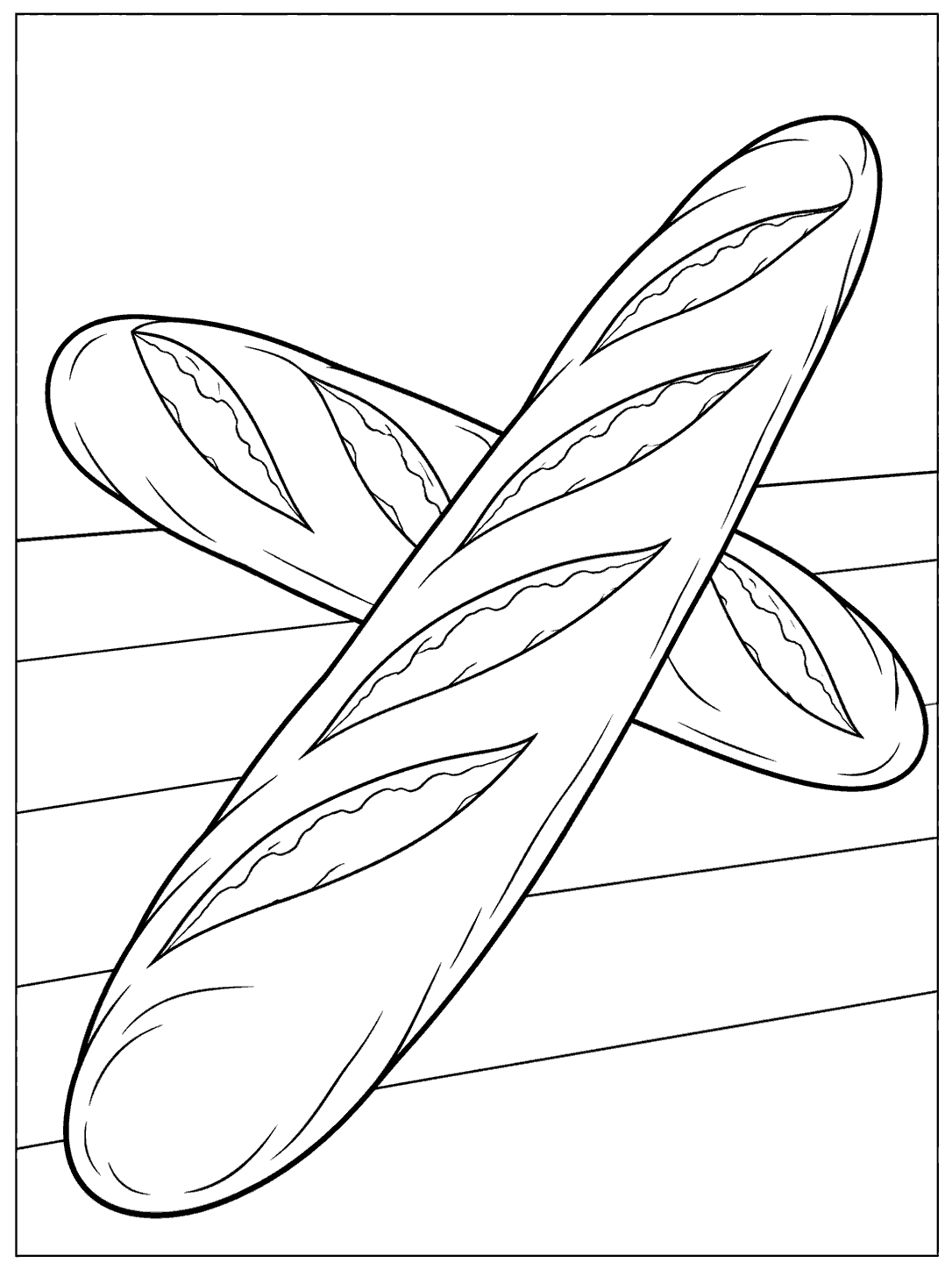Two scored baguettes crossed diagonally on a lined counter, drawn in black outline.