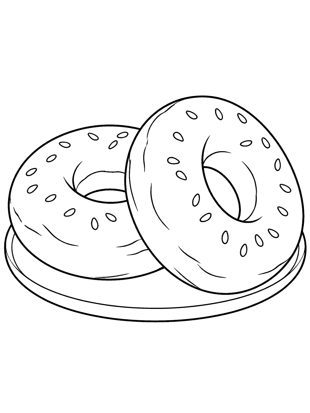 Black outline drawing of two seeded ring-shaped bagels on a round plate, one leaning against the other.