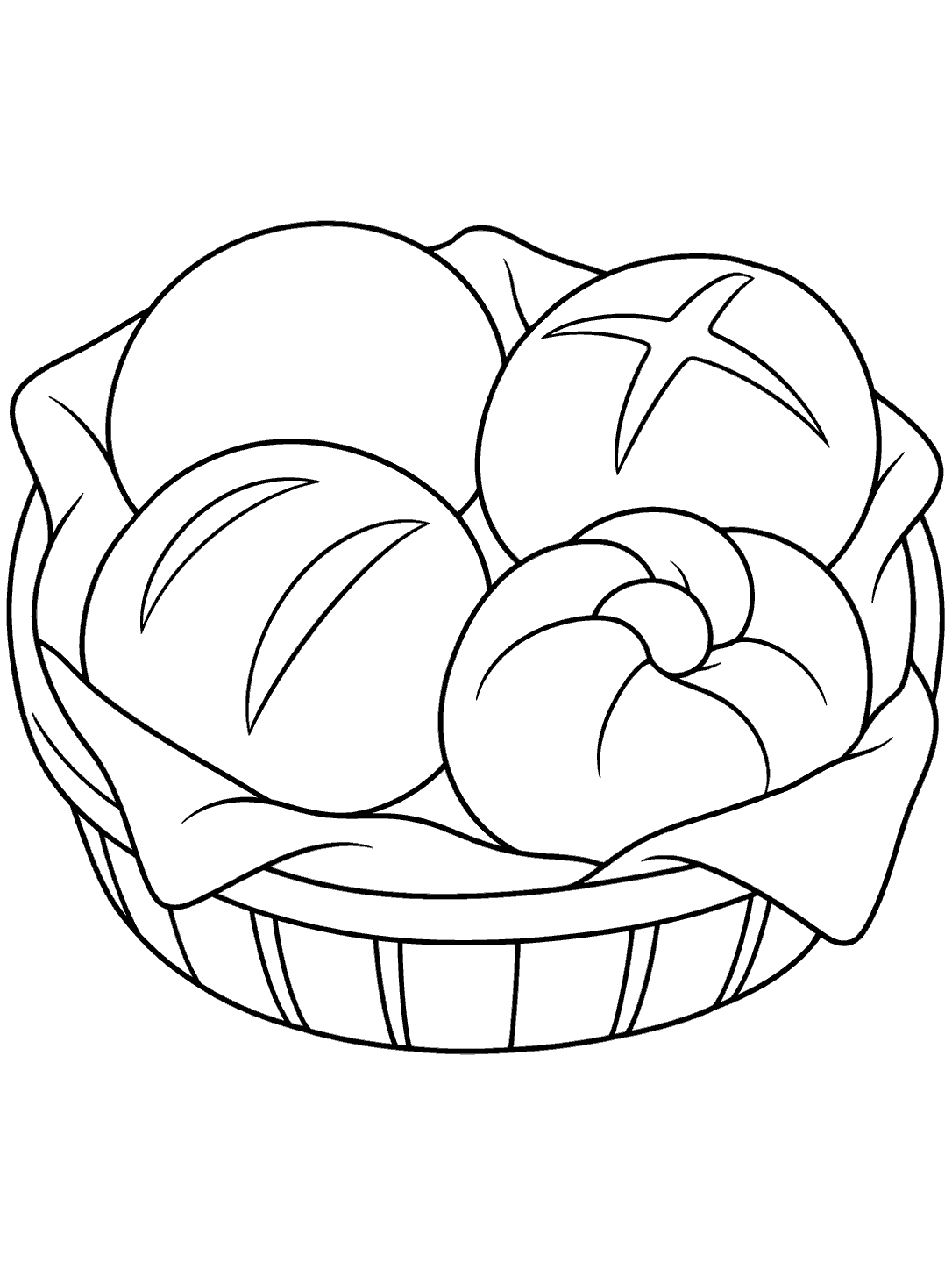 Four round bread rolls, including a smooth roll, a cross-cut roll, a roll with curved cuts, and a knotted roll, arranged in a shallow basket.