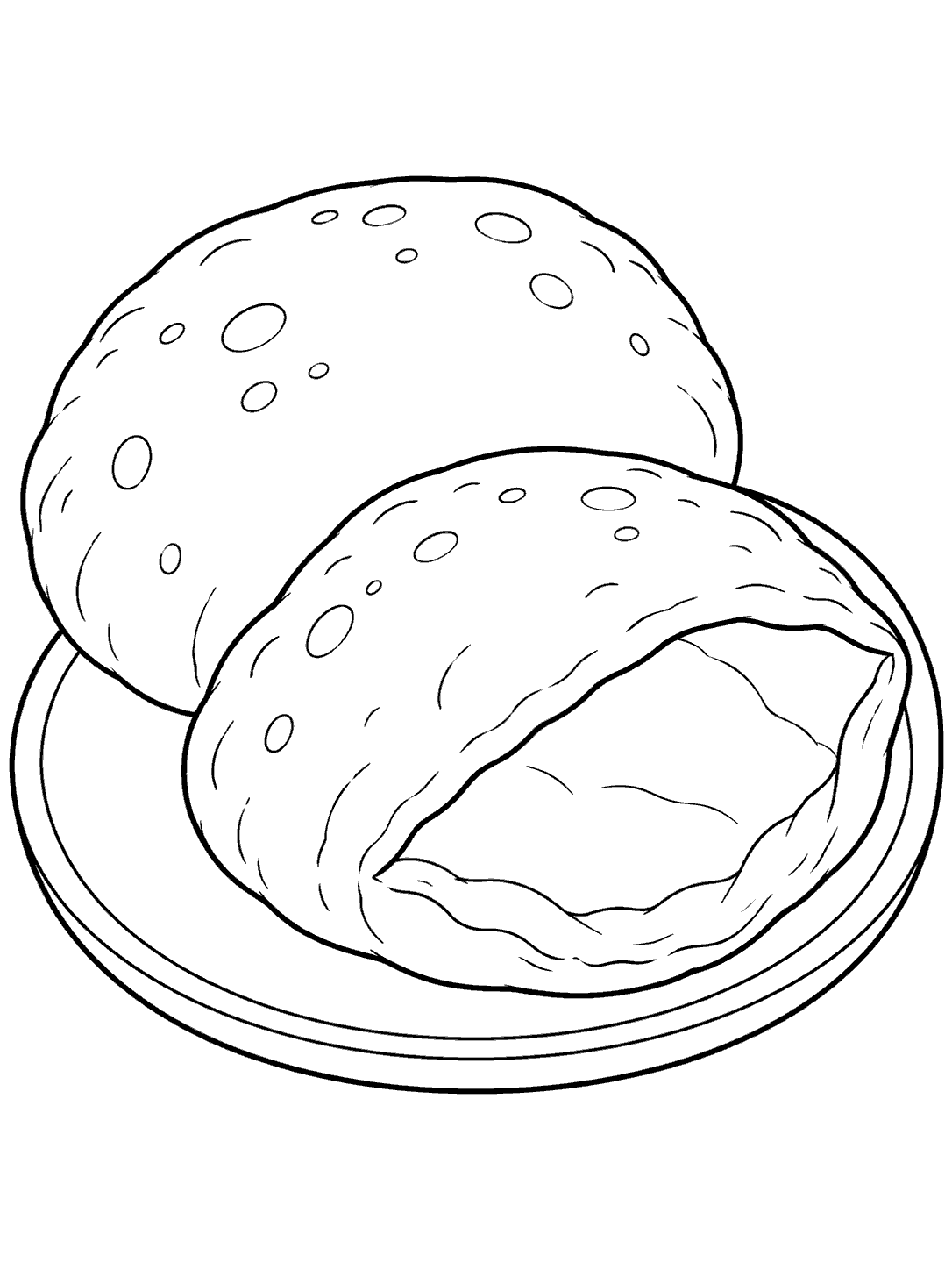 Black-outline coloring page of two round pita breads on a platter, one opened into a clear pocket.