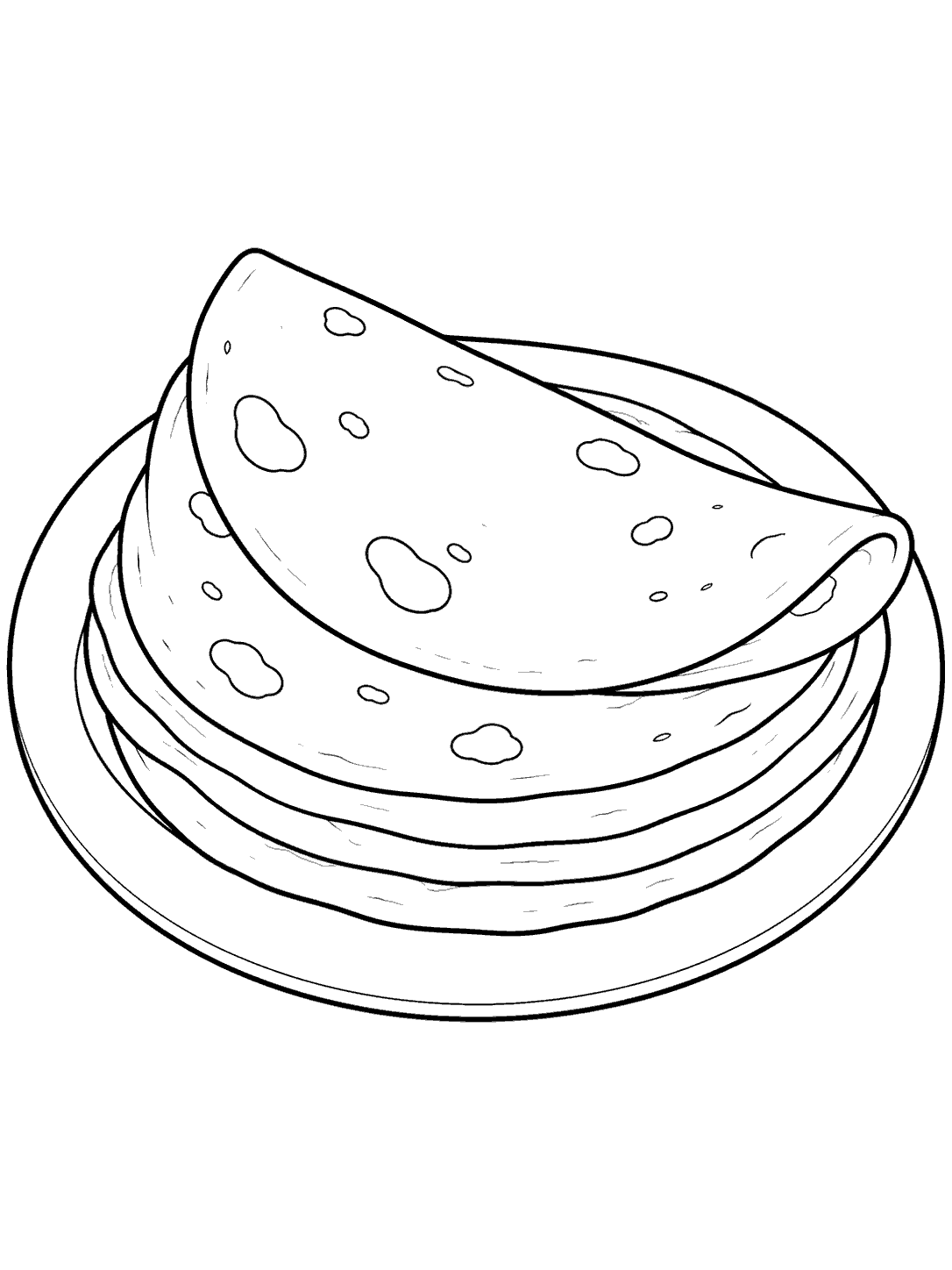 Black-outline coloring page of round tortillas with simple toasted spots stacked on a plate, topped by a folded tortilla.