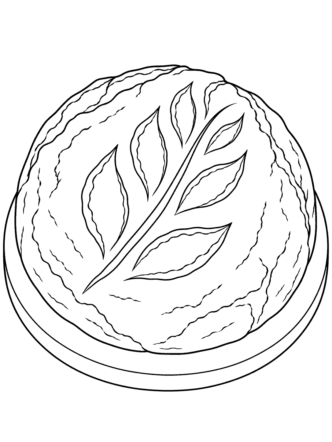Black outline coloring page of a round sourdough boule with a large wheat-stalk score on a round board.