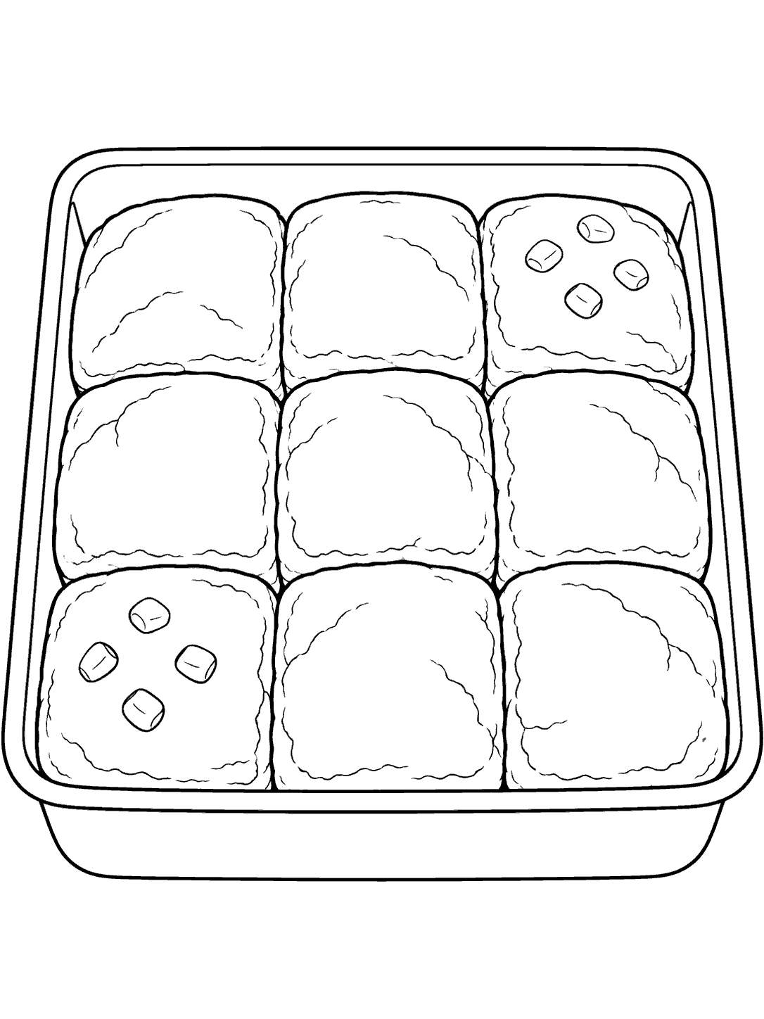 Black line drawing of a rectangular baking pan with nine cornbread squares arranged in three rows, and kernels on two squares.