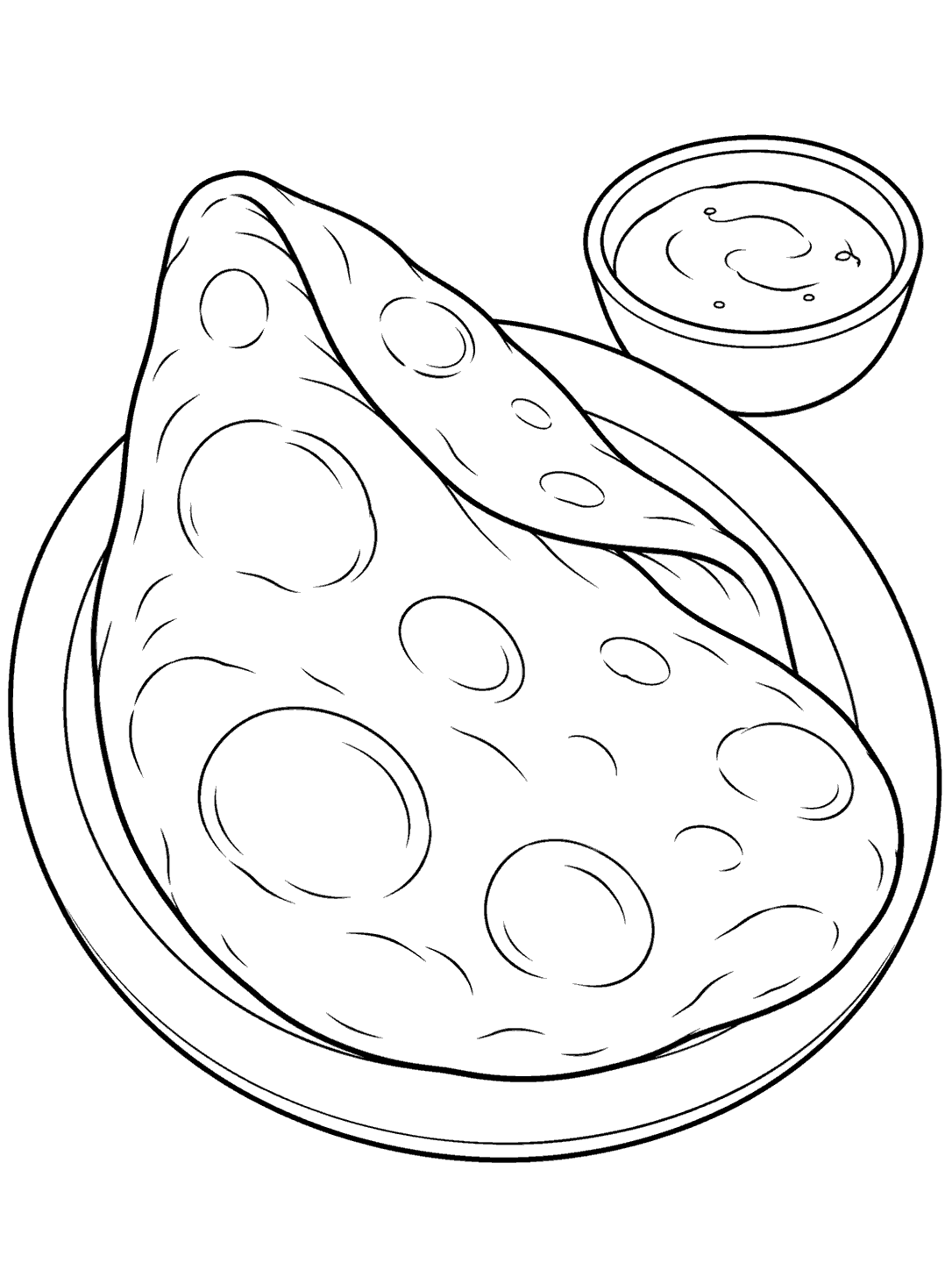 A broad teardrop-shaped naan with a folded corner and large blister shapes on a serving plate, beside a small bowl of dip.