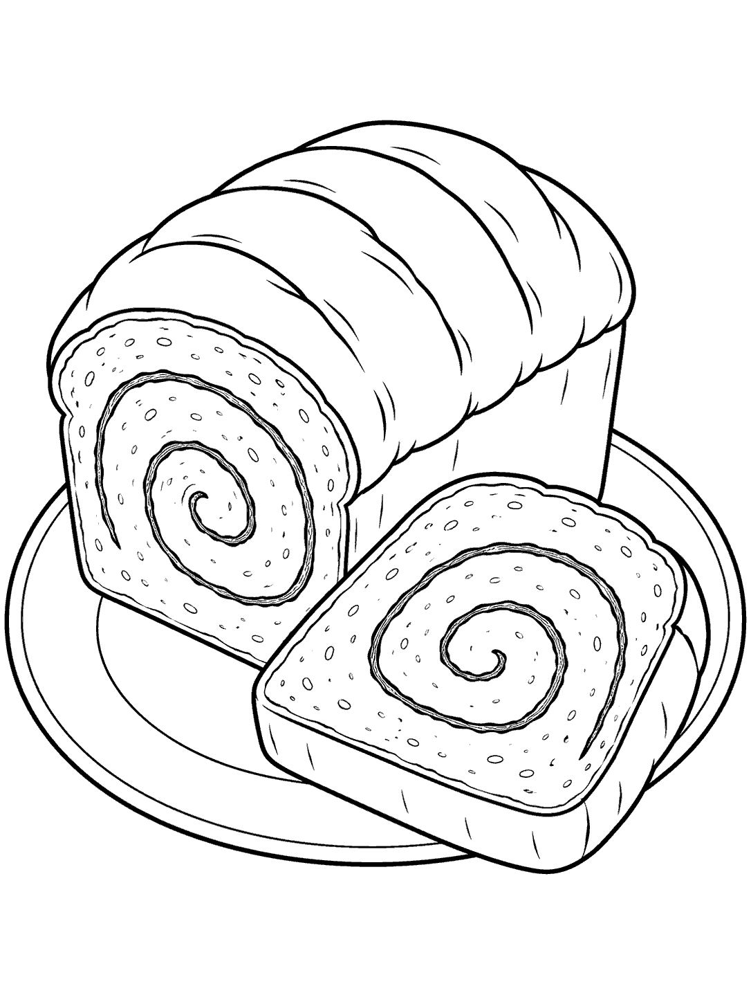 Black outline drawing of a cinnamon bread loaf with two spiral-cut slices on a plate.