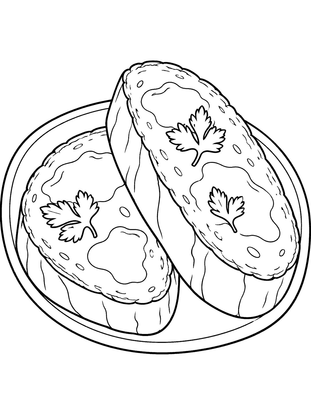 Two thick slices of garlic bread, one leaning against the other, with broad butter patches and parsley leaves on an oval dish.