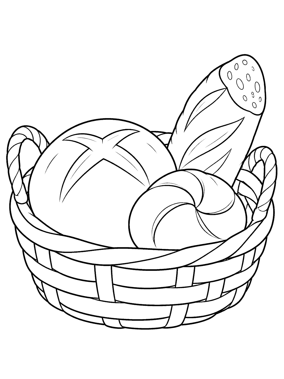 A shallow woven basket holds a round loaf, a roll, and a short baguette with its cut end visible.