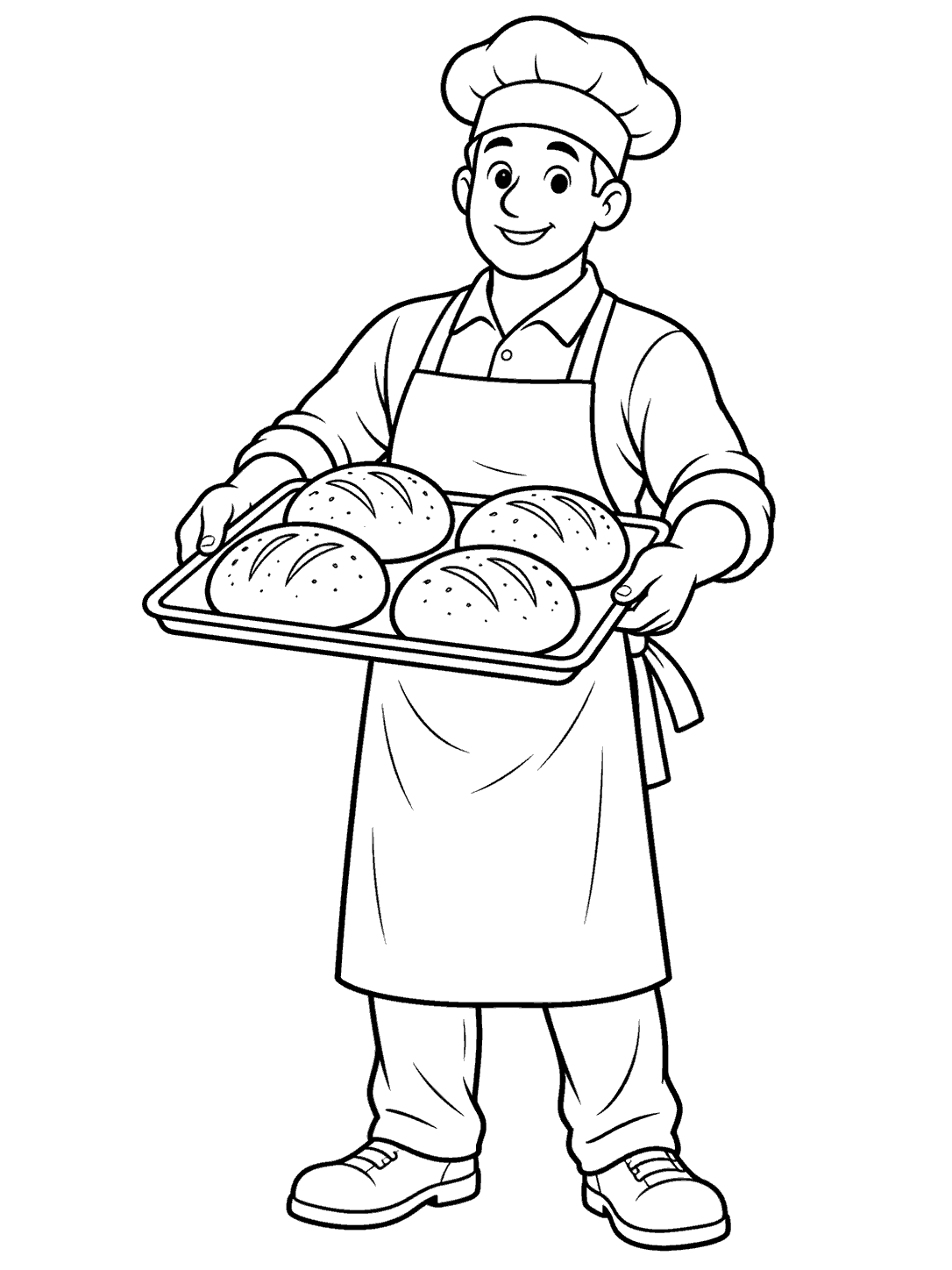 A full-length baker wearing a chef hat, long-sleeved shirt, apron, trousers, and closed shoes, carrying a tray with four rolls.
