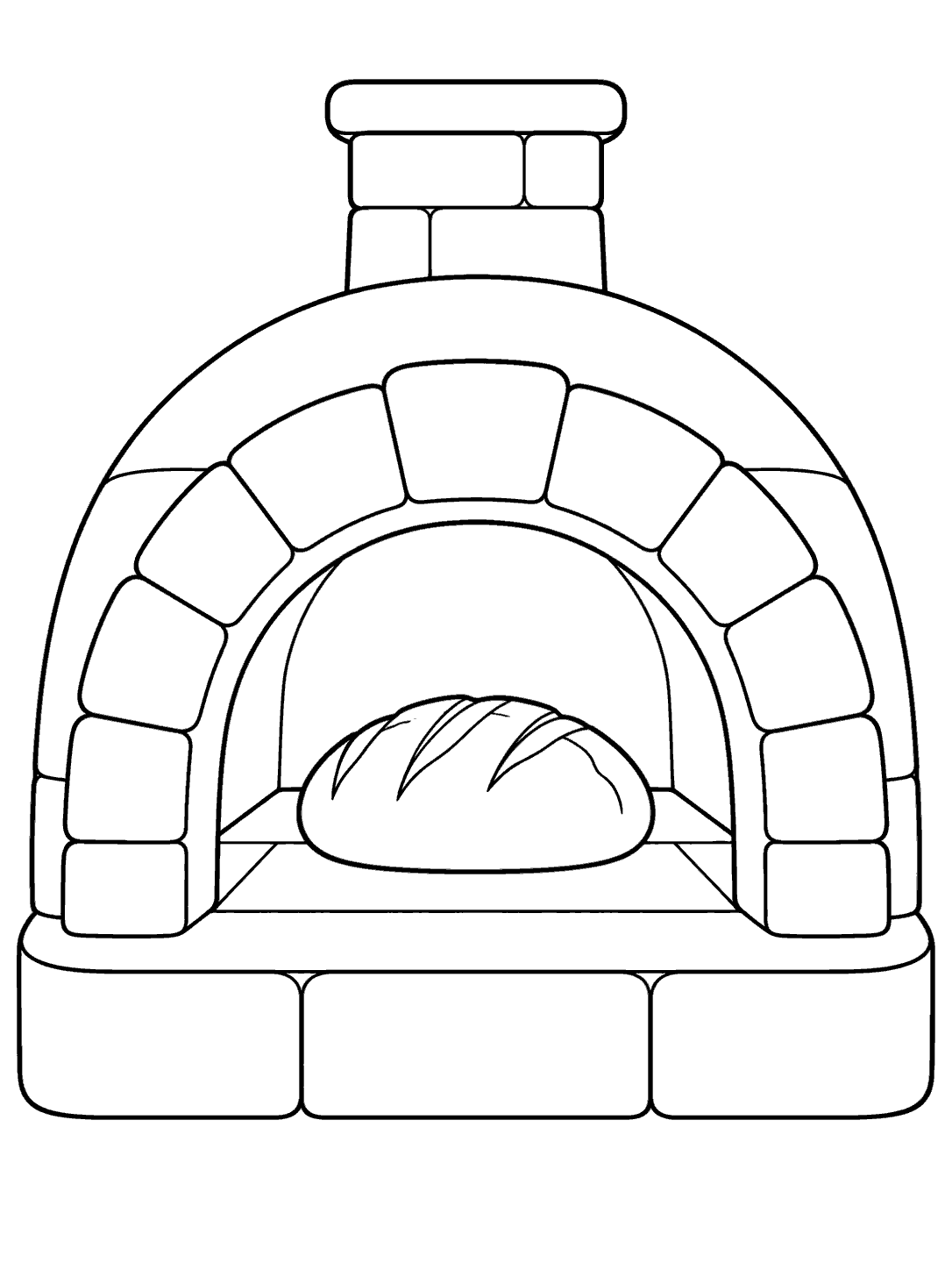 A front-facing brick oven with one scored loaf visible inside its arched opening.