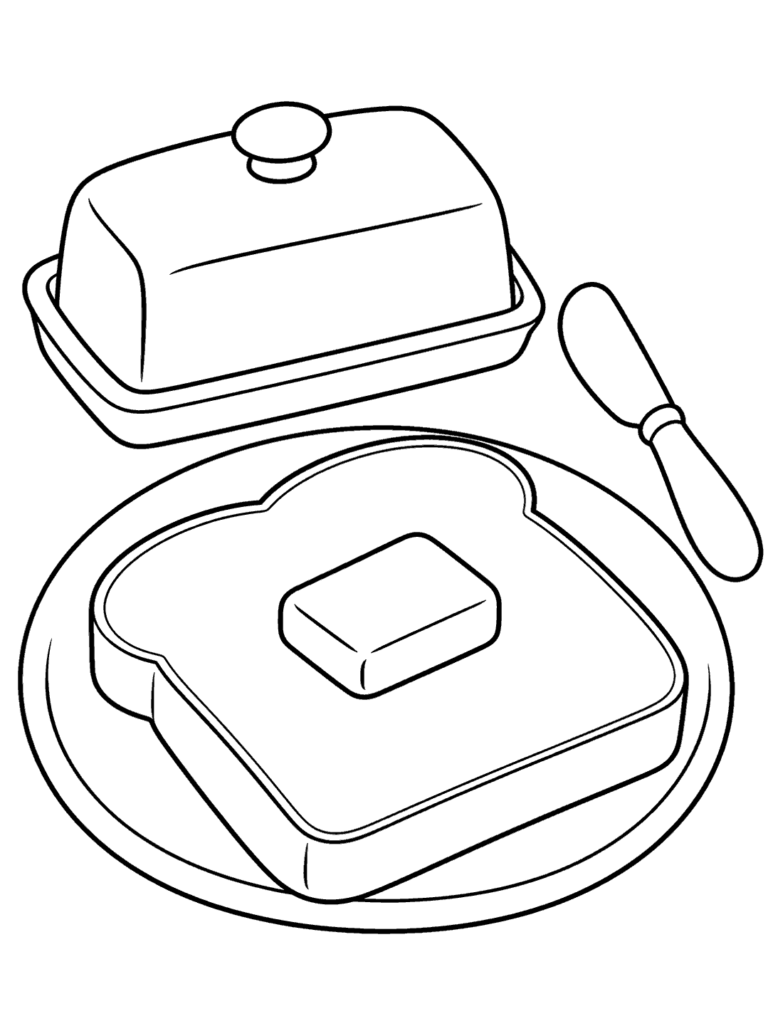 Black-outline coloring page showing a thick slice of bread topped with butter on a plate, alongside a covered butter dish and blunt table spreader.