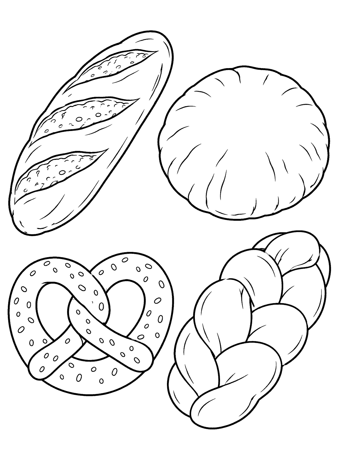 Black-outline coloring page with a slashed baguette at upper left, round pita at upper right, pretzel at lower left, and braided loaf at lower right.