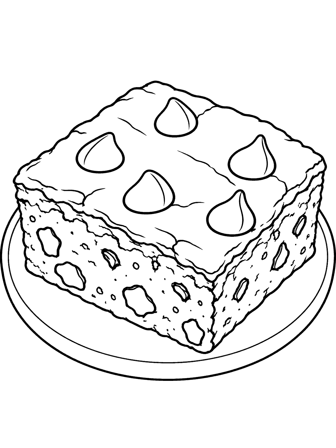 A square brownie with chocolate chips and a soft, visible interior on a round plate, drawn in black outlines for coloring.