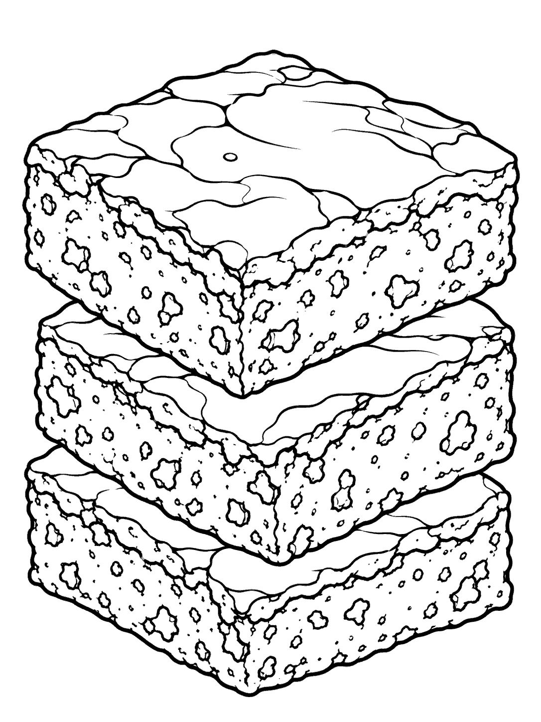 Three square brownies stacked slightly offset, drawn as a coloring page.