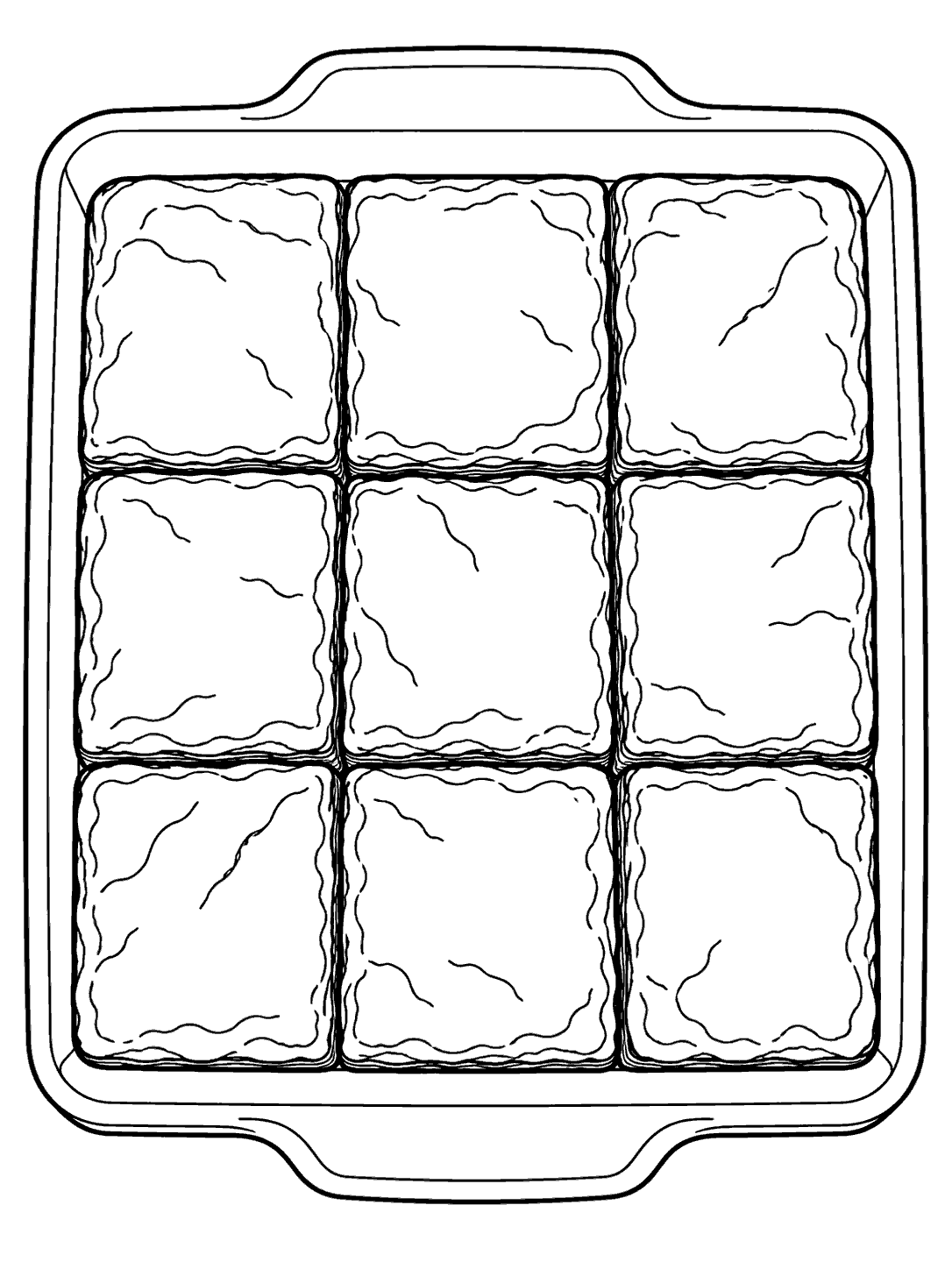 Nine brownies in a rectangular baking pan coloring page