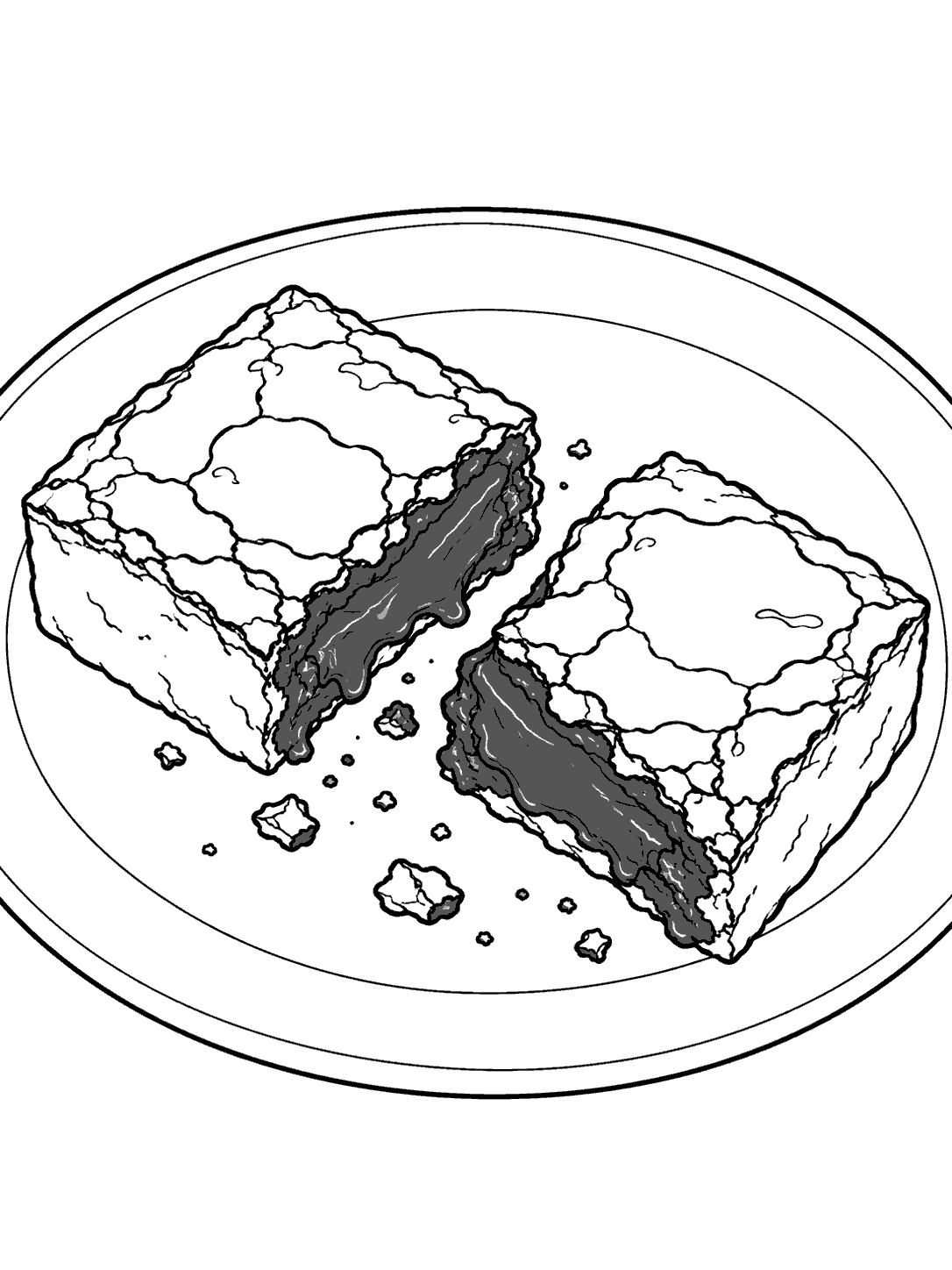 Two brownie halves with a fudgy center on a plate, coloring page