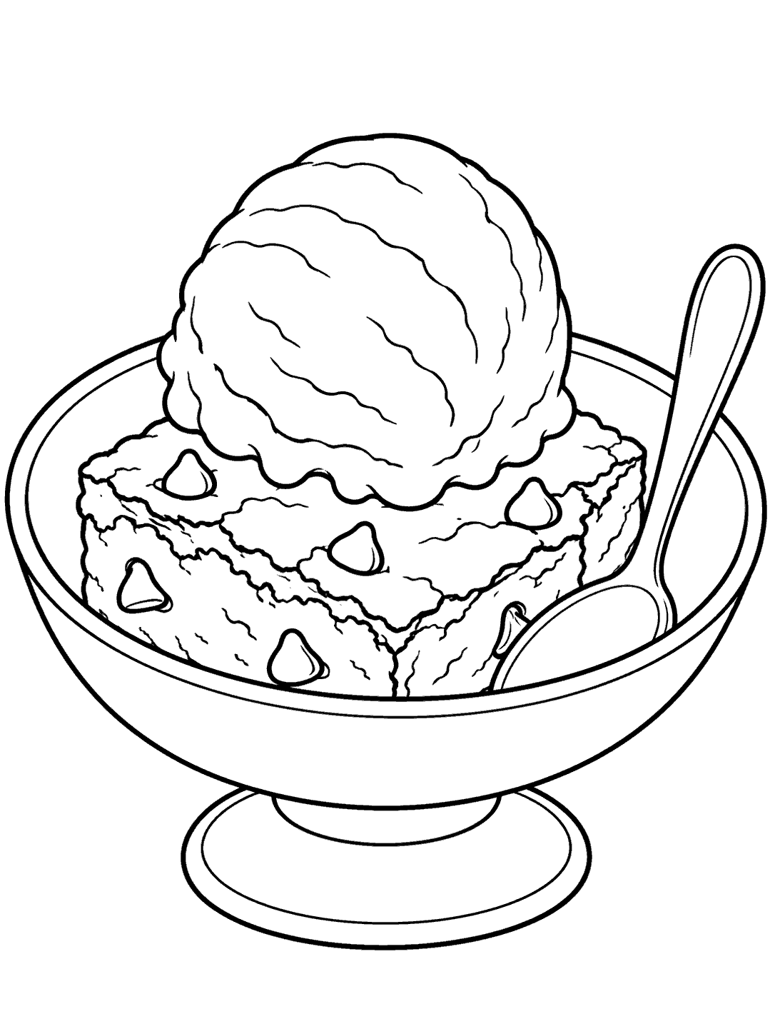 Printable coloring page showing a chocolate-chip brownie topped with a scoop of ice cream in a bowl with a spoon.