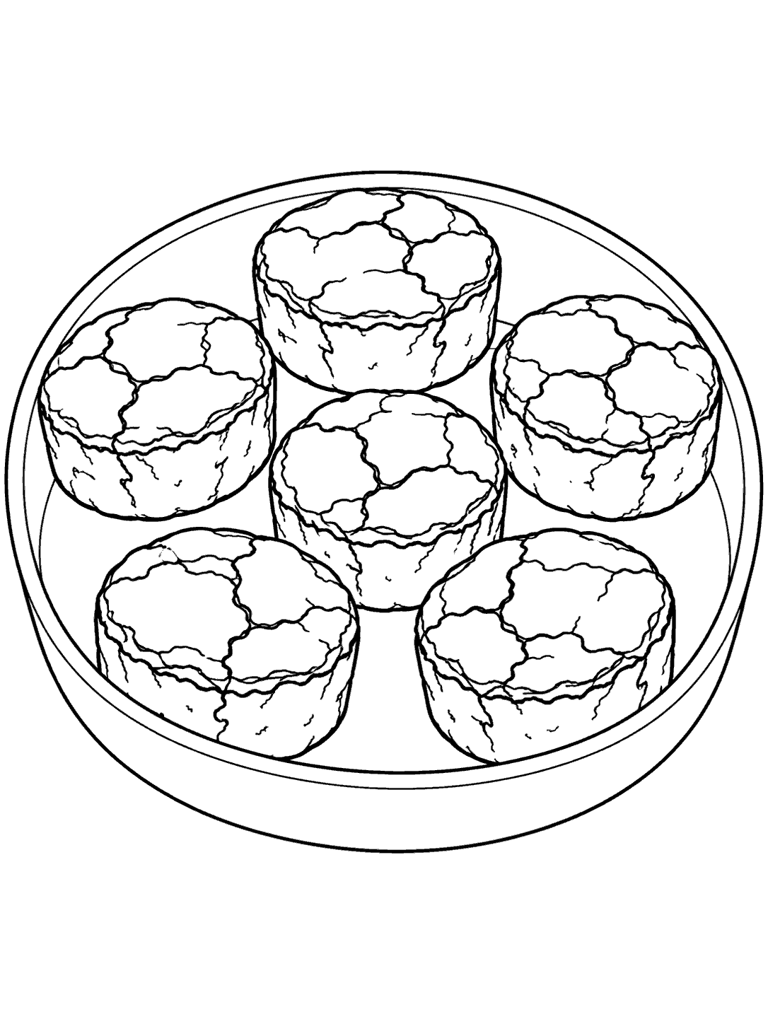 Six round brownie bites with cracked tops in an oval dish, outlined for coloring.