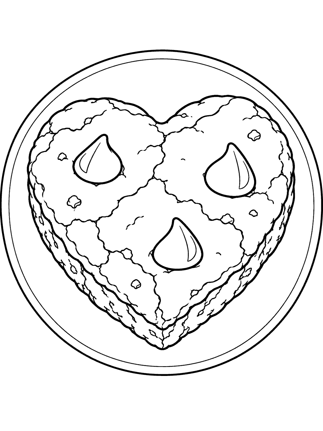 Black-and-white coloring page showing a heart-shaped brownie with three large chocolate chips on a round plate.