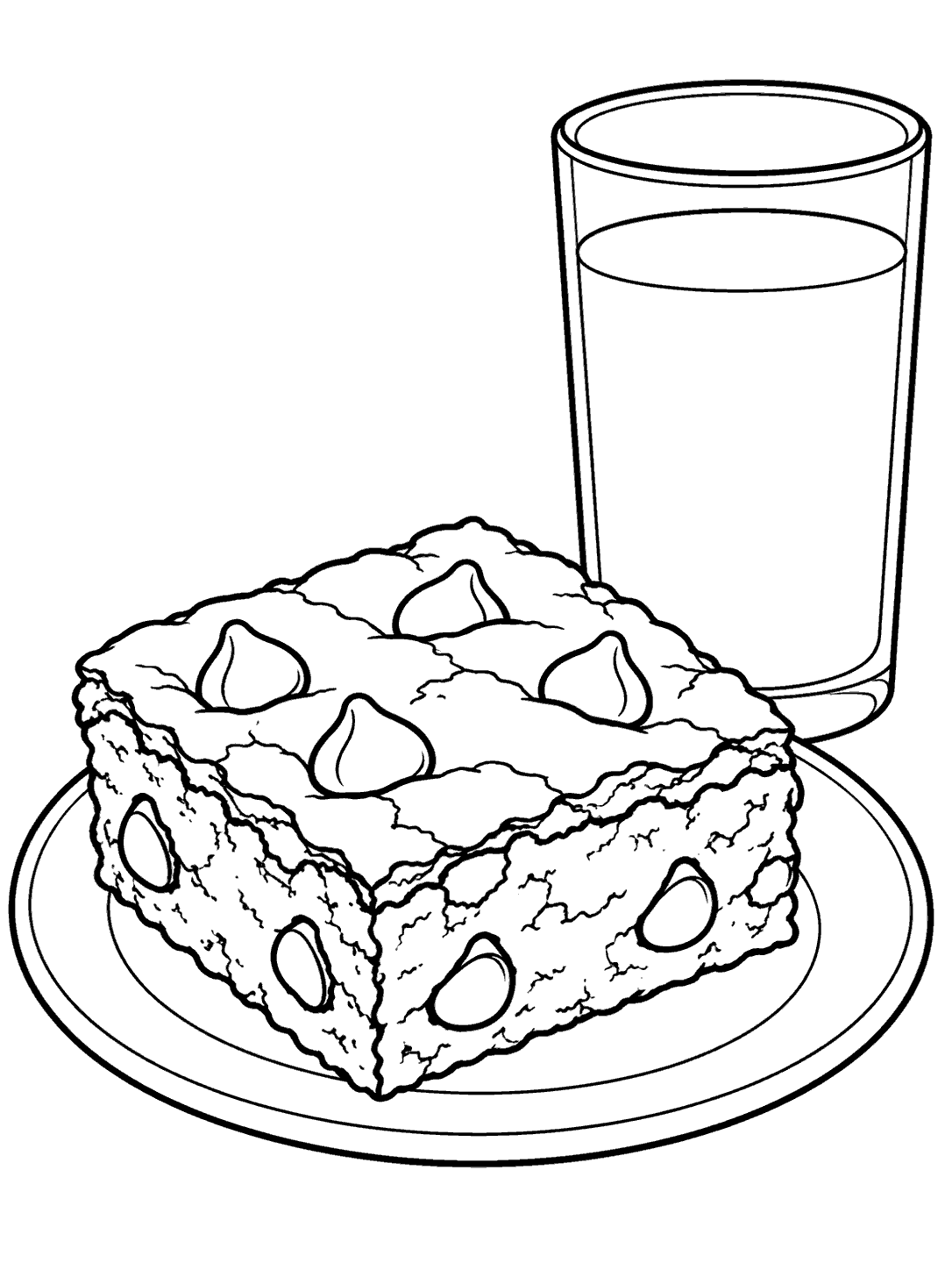 Black-and-white brownie square with chocolate chips on a plate beside a tall glass of milk, shown as a coloring page.