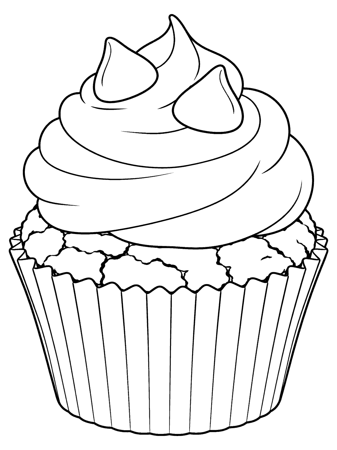 Portrait coloring page showing a brownie cupcake with a fluted liner, large frosting swirl, and two chocolate chips.